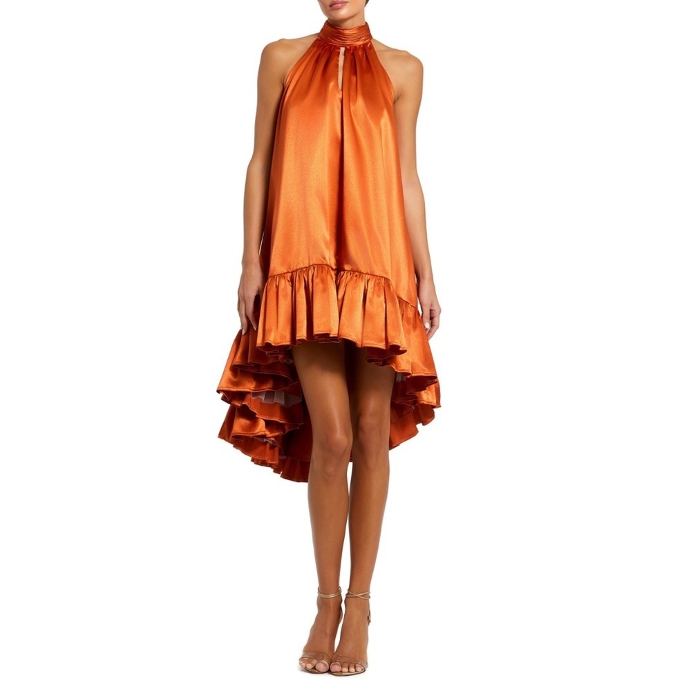 Anthropologie Mac Duggal Satin Halter High Low Mini Dress Orange Large NWT